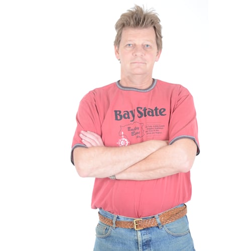 Dutch Actor Peter Rene as a Construction Worker in Workwear, Standing Upright Arms Crossed