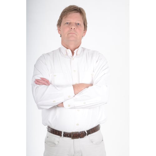 Dutch Actor Peter Rene as a Chique Person in Shirt, Standing Upright Frontal Facial Arms Crossed