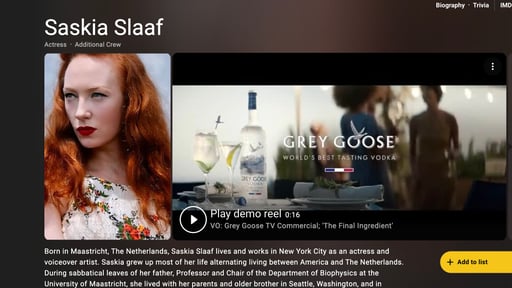 Saskia Slaaf is a multilingual actor, voice-over artist, and painter whose career spans film, television, and commercial work across Europe and the U.S. Fluent in Dutch and English and conversant in G